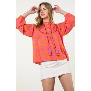 THML Boho Peasant Top Orange Pink Geometric Print Tassel Blouse Size M Statement